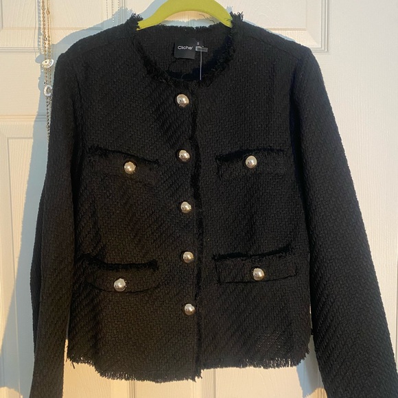 Cliche Black Blazer with Tweed Fabric and Frayed Trim - Picture 1 of 6
